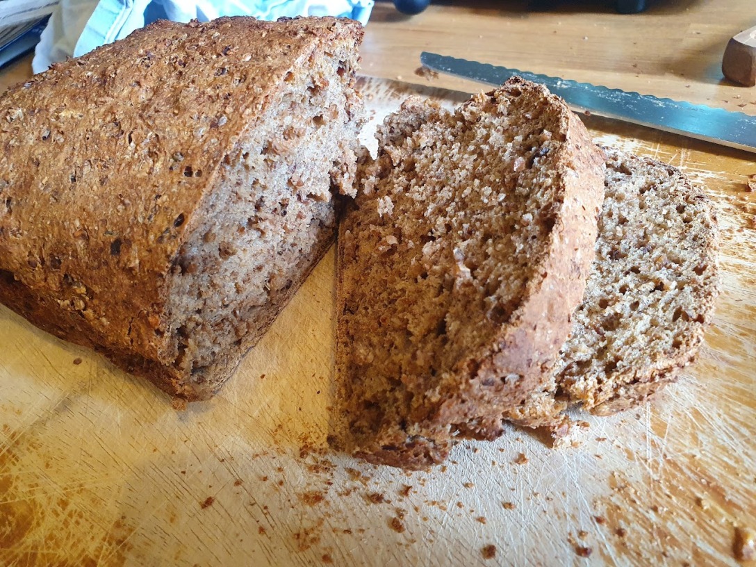 home-made bread with two slices cut
